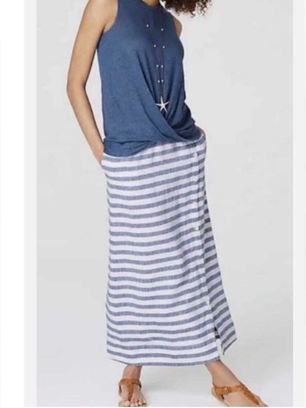 100% Linen Striped Blue & White Long Skirt with Button Front